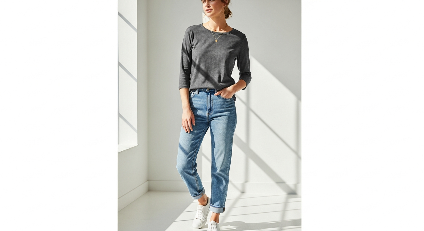 Three Dots 3/4 sleeve British tee in white displayed on neutral background