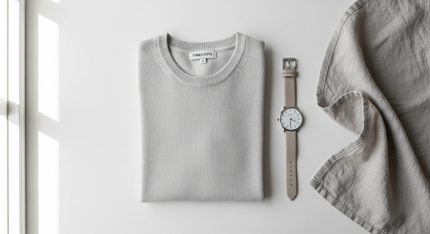 Three Dots Heritage Knit Cotton Tee in neutral color displayed on model
