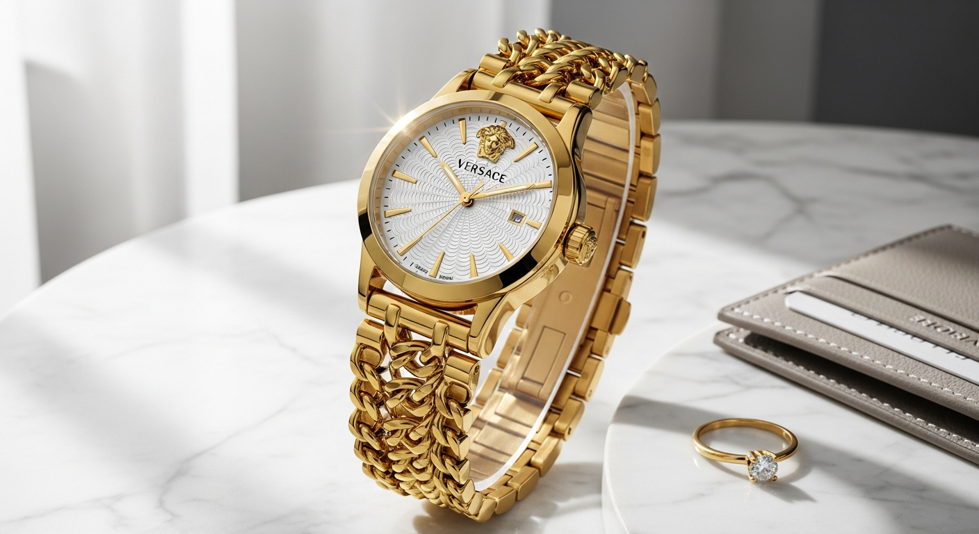 Versace Chain Reaction VEHD00520 gold-tone ladies watch with black dial and Medusa emblem