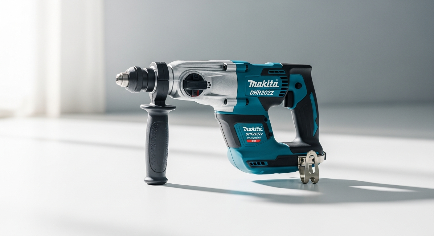 Makita DHR202Z cordless SDS+ rotary hammer with battery and chuck displayed