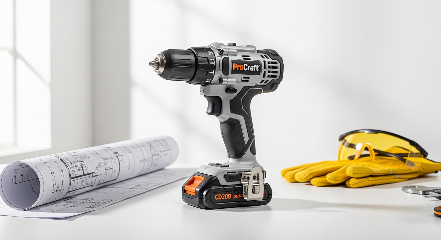 ProCraft Industrial CD20B cordless drill with 20V battery and metal chuck on job site