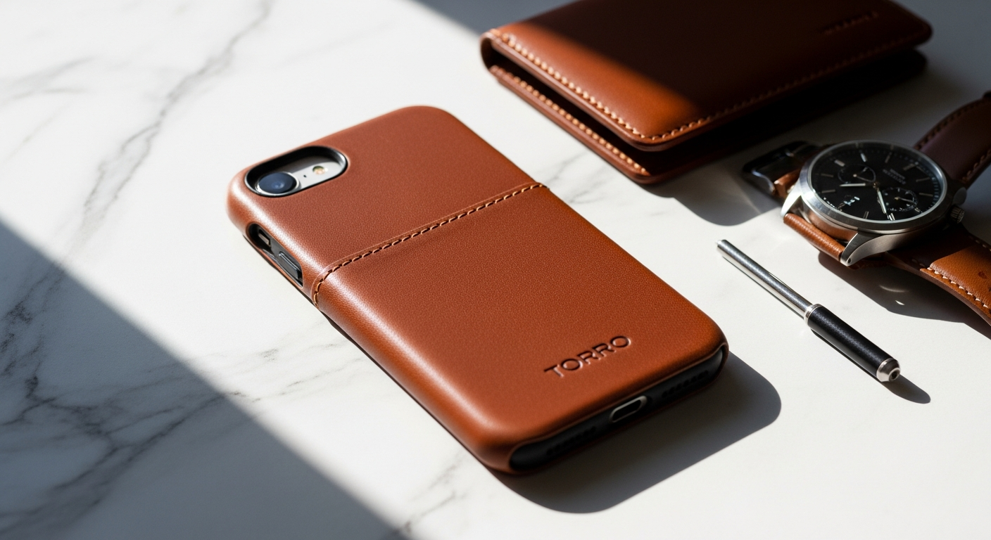 Premium leather iPhone case in rich brown tone with visible patina