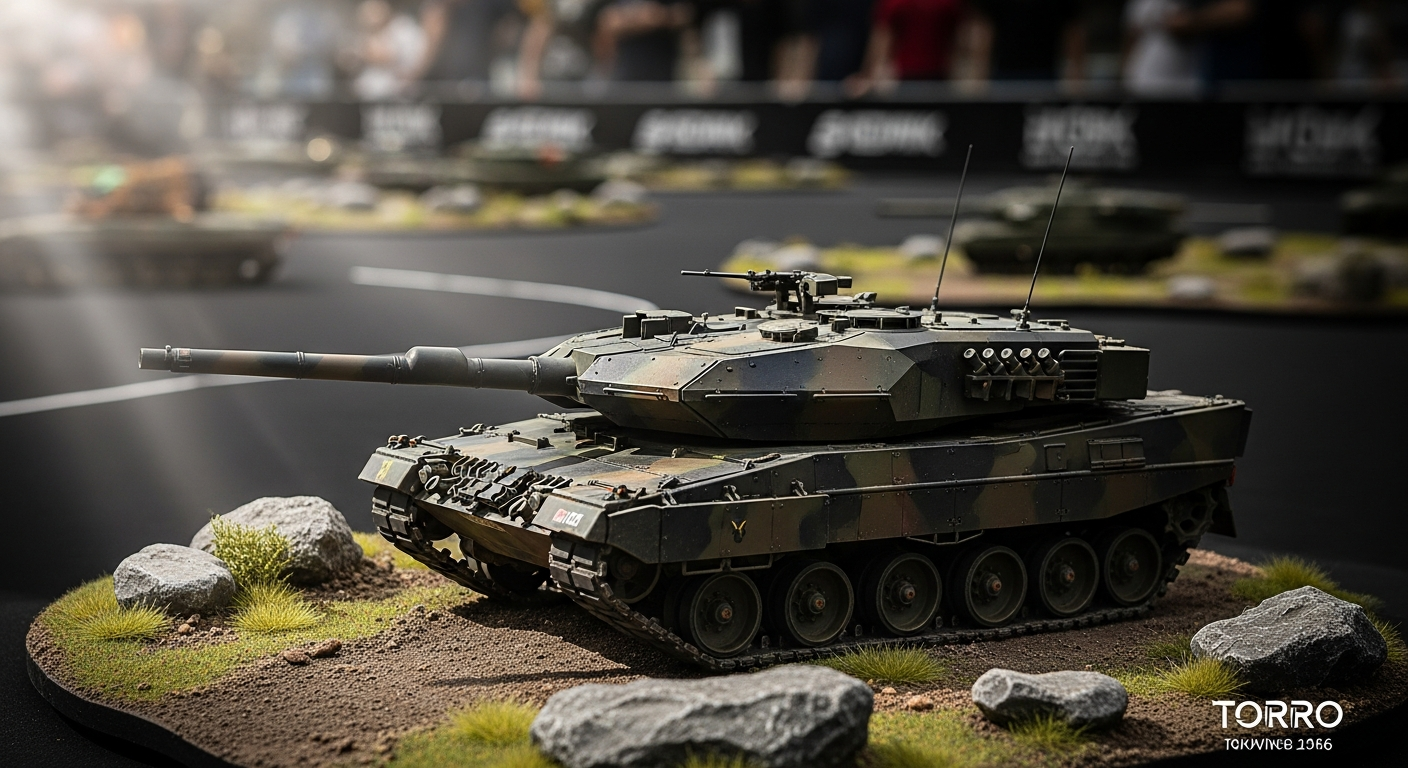 Torro German Leopard 2A6 RC tank in desert battle arena terrain