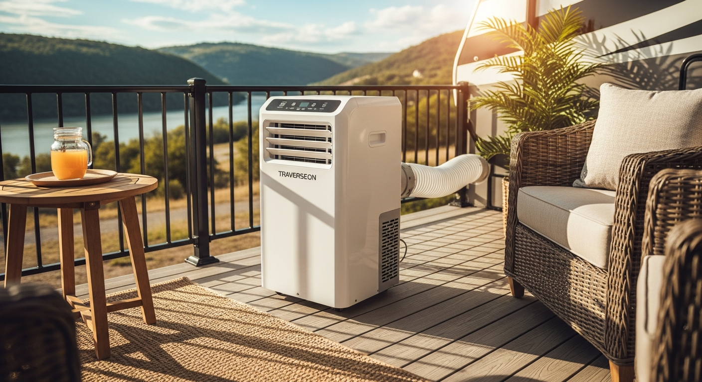 Traverseon 6100 BTU portable tent air conditioner cooling RV camping setup