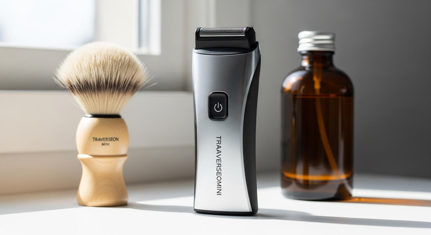 Traverseon Mini Portable Electric Razor displayed with travel accessories and specifications