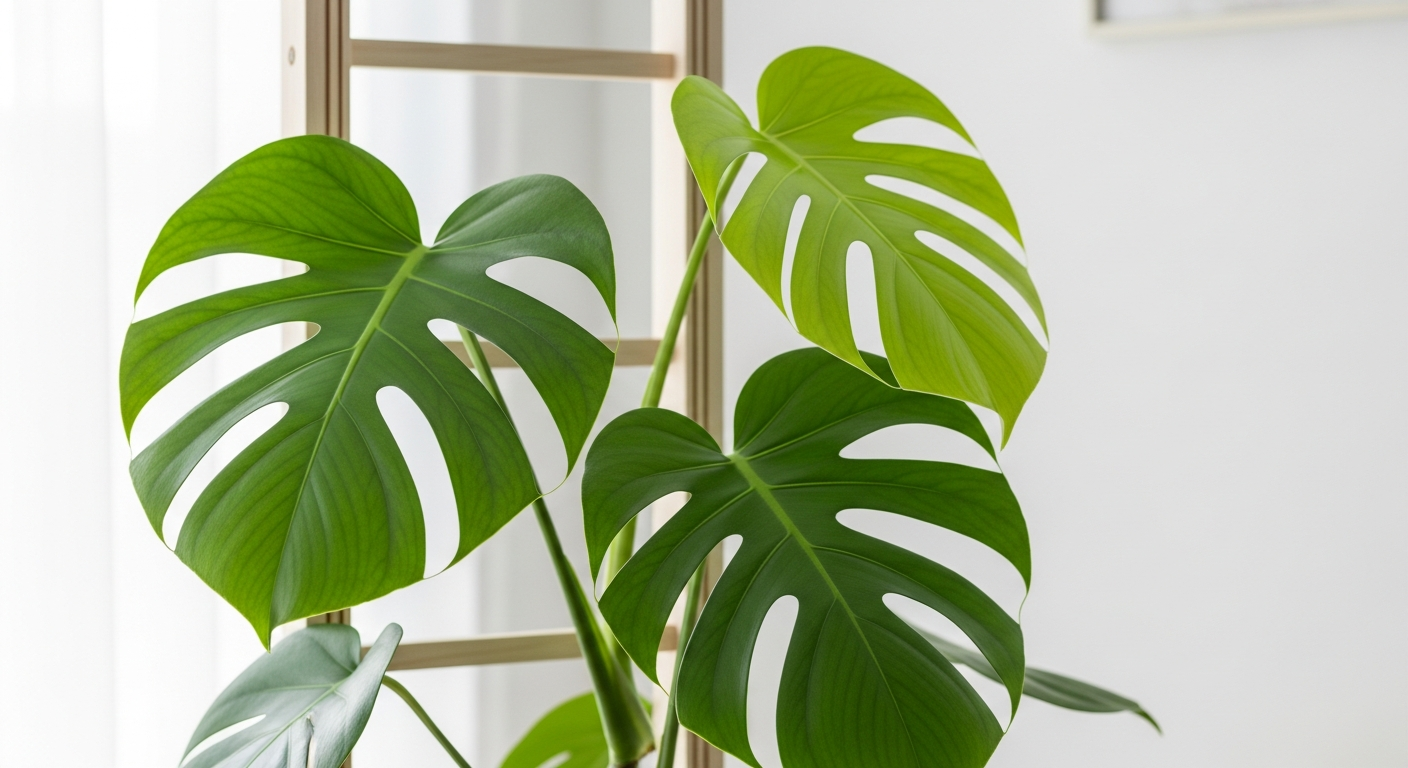 BARE Monstrella Monstera leaf-shaped wooden trellis supporting climbing plant indoors