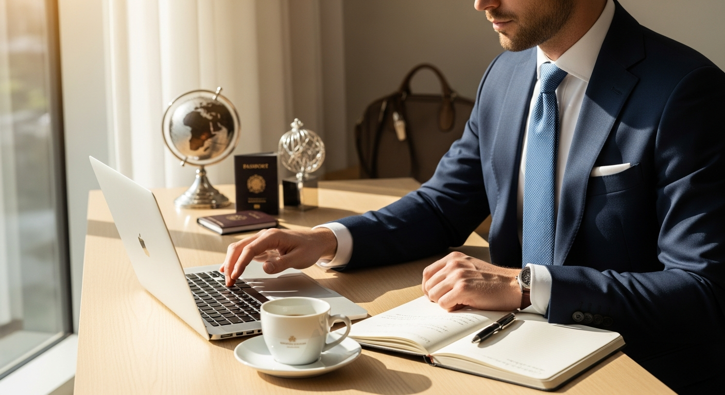 Business traveler using Trivago hotel price comparison service on laptop to find best rates