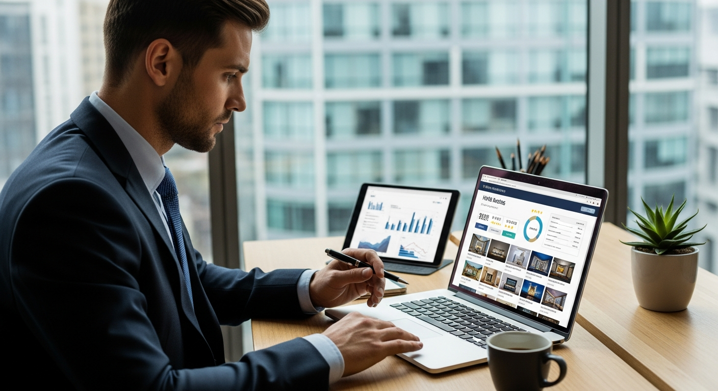 Business traveler using Trivago hotel price comparison platform on laptop for corporate bookings