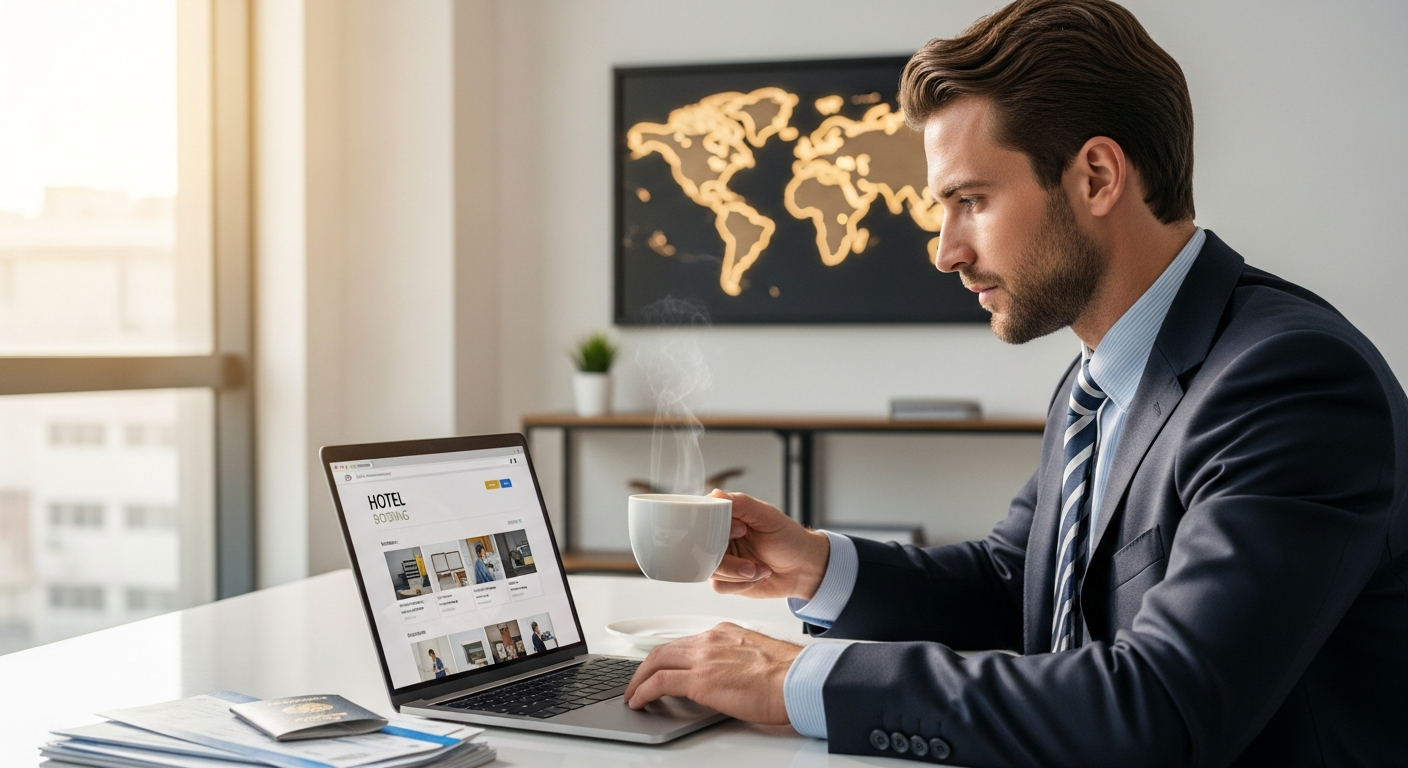 Business traveler using Trivago hotel price comparison service on laptop for corporate booking