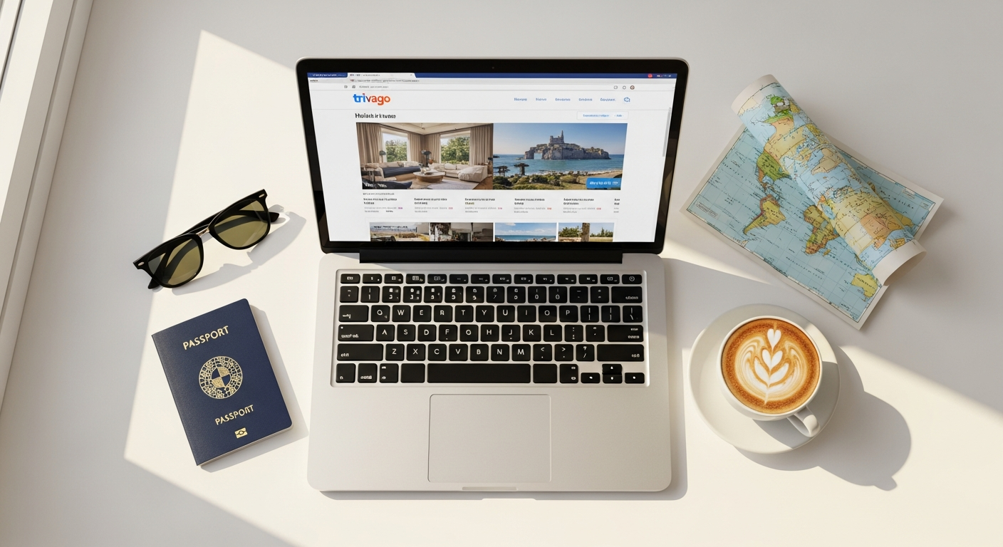 Budget traveler comparing hotel prices on Trivago metasearch platform interface