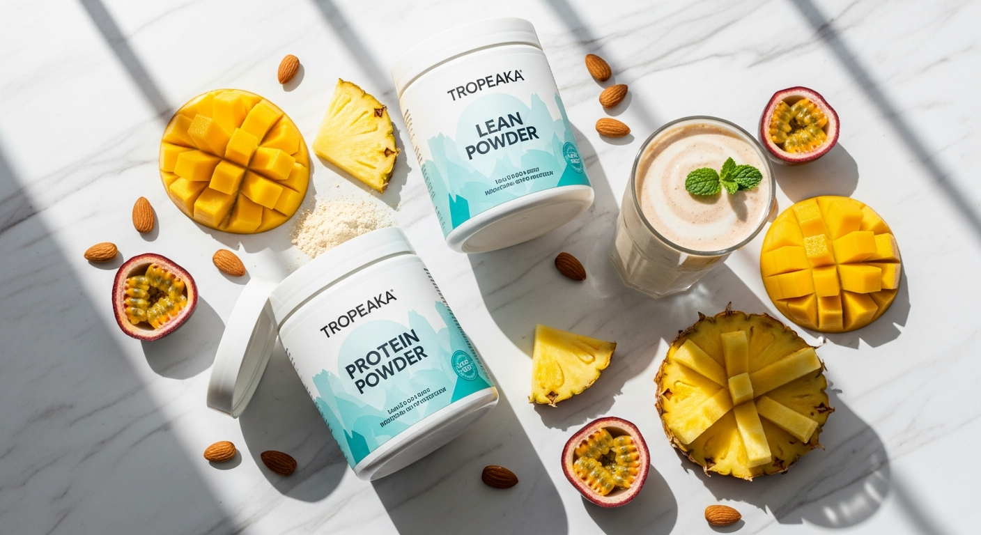 Tropeaka Lean Protein Powder container with vanilla, chocolate, and salted caramel flavors displayed