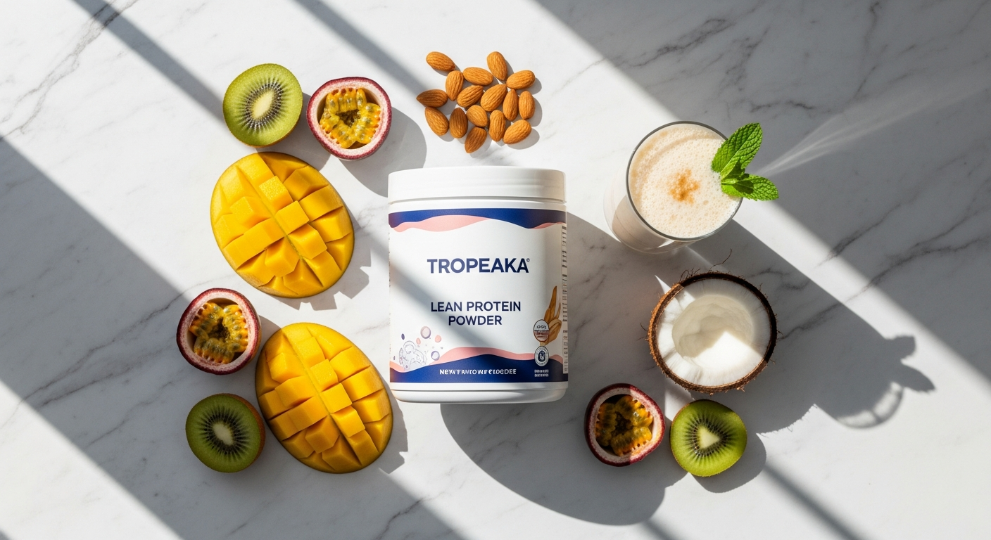 Tropeaka Lean Protein Powder container with vanilla flavor displayed on white background