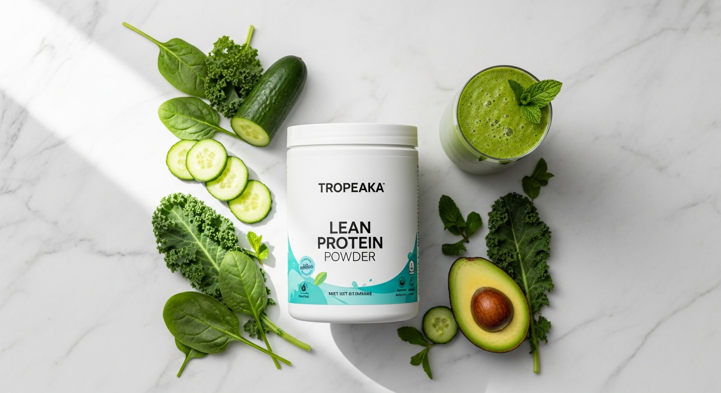 Tropeaka Lean Protein Powder container with vanilla flavor displayed on white background