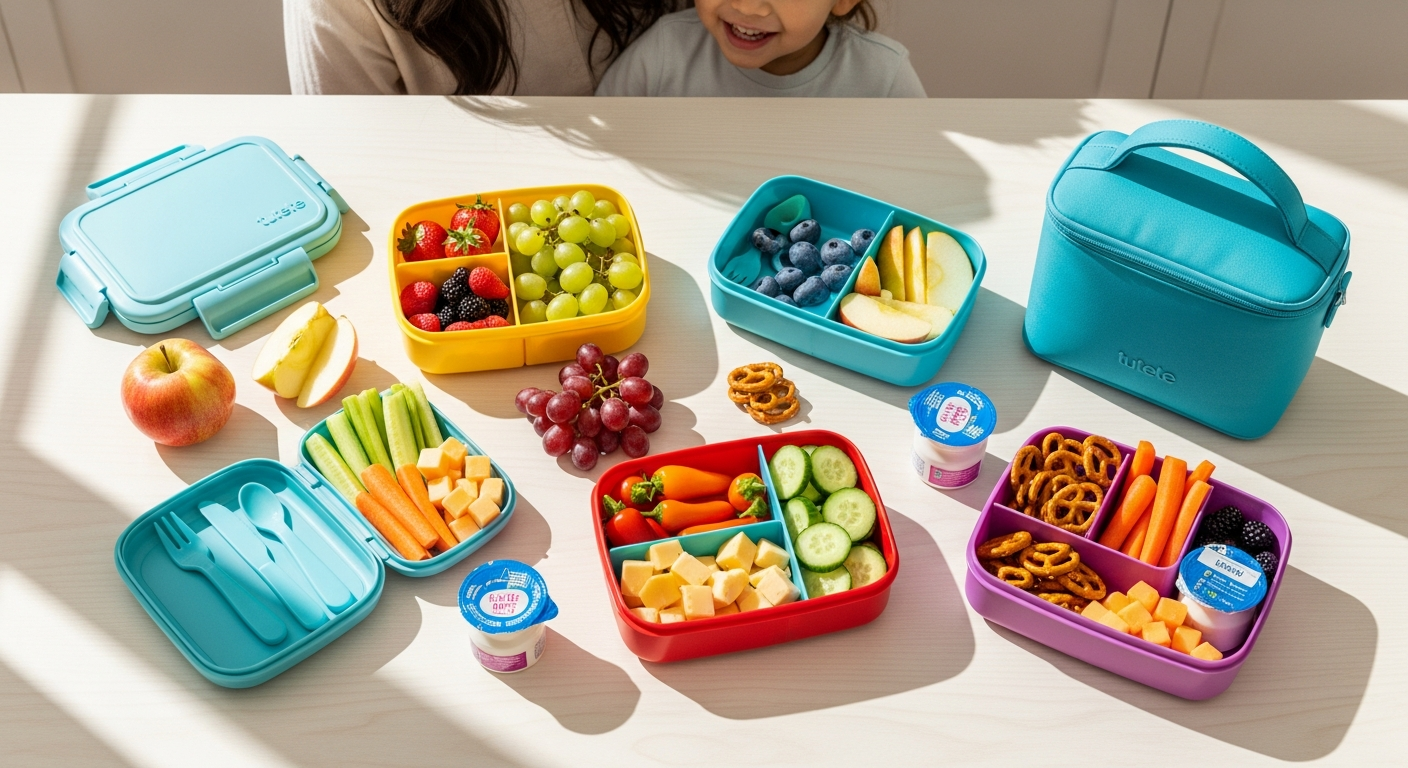 Colorful Tutete children's lunch boxes and snack containers with vibrant character designs displayed together