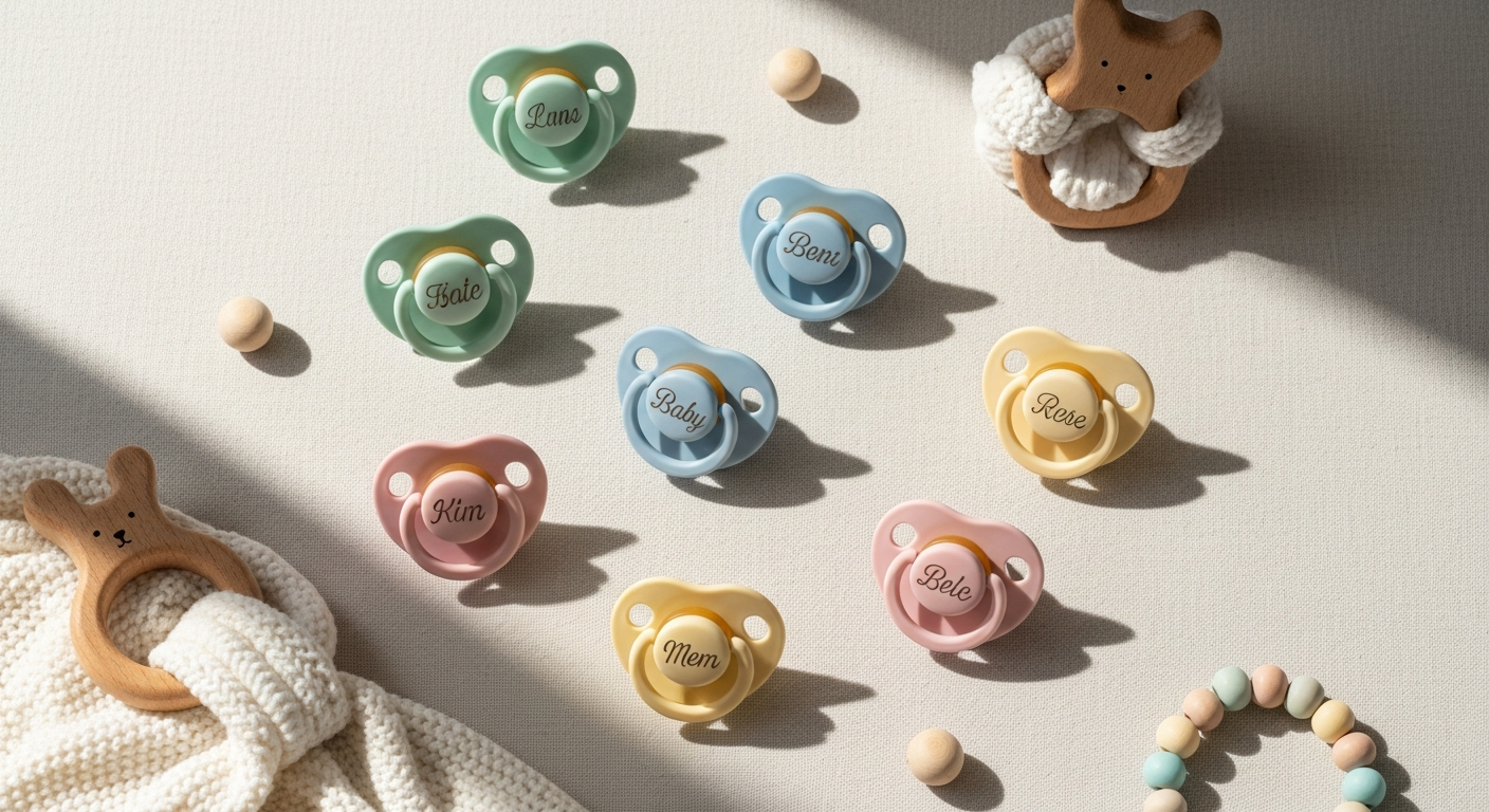 Personalized laser-engraved baby pacifiers by Tutete in various colorful designs