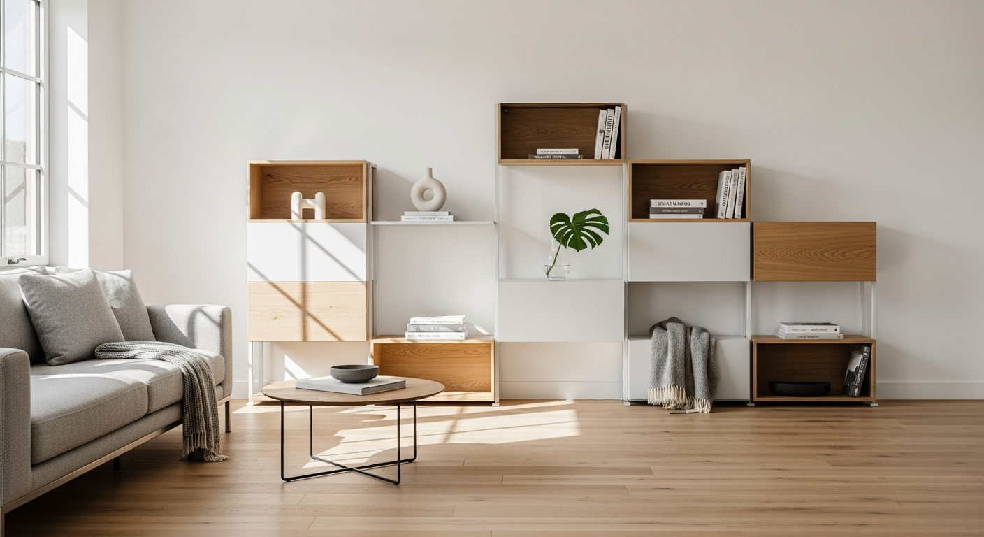 Modern custom modular shelving system with adjustable shelves and soft-close doors