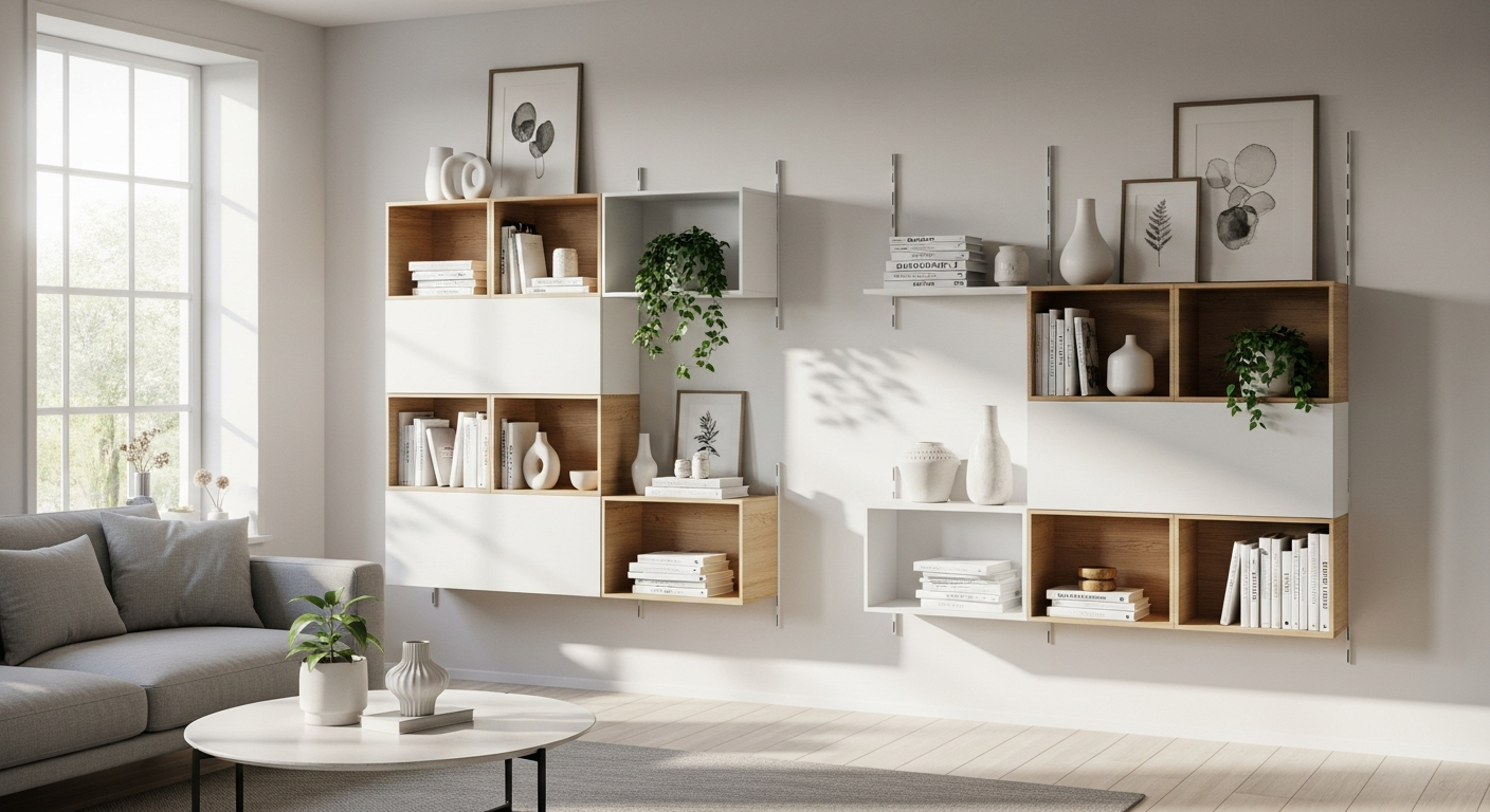 Tylko customizable shelving unit installed in modern living room with books and decor
