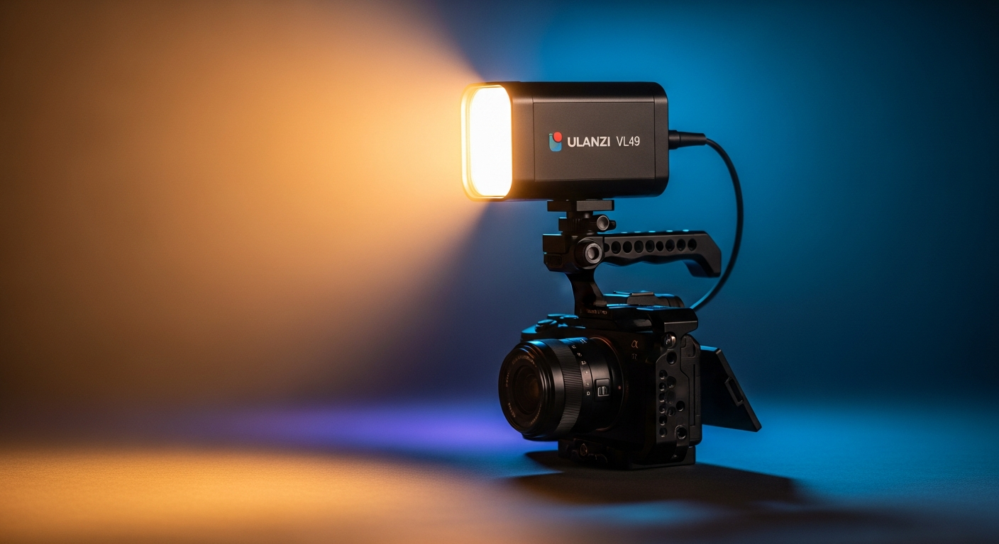 Ulanzi VL49 RGB Mini LED Video Light mounted on smartphone tripod setup