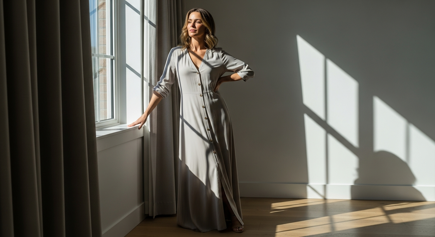 Ulla Popken Button Front Maxi Dress in neutral tone showcasing flattering silhouette
