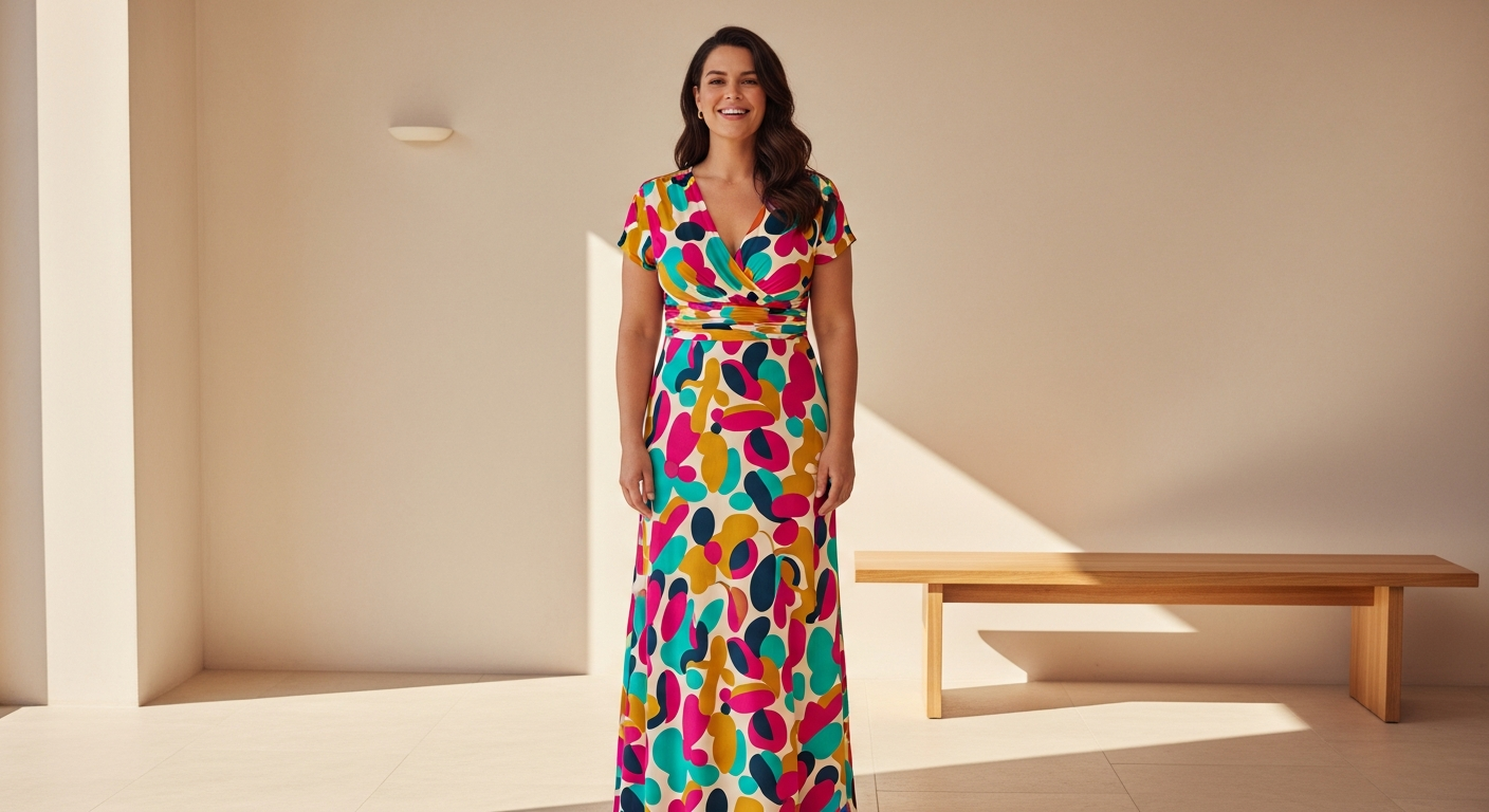 Ulla Popken Allover Print Drawstring Waist Dress on curvy woman model