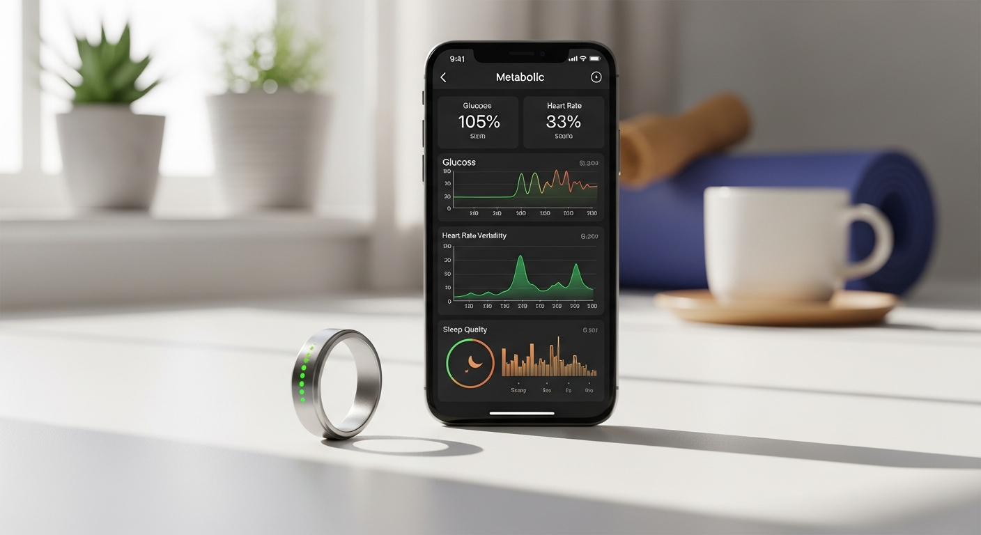 Ultrahuman Ring AIR smart health tracker displaying metabolic fitness monitoring on user's finger