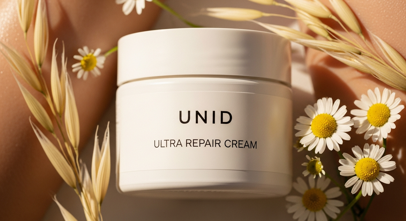 UNID Ultra Repair Cream jar displayed with plant ingredients and soothing botanical elements