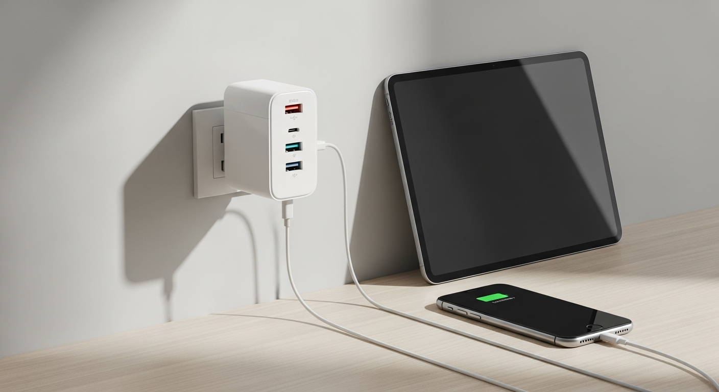 Unidapt Multi-Port USB Wall Adapter with dual USB-A and USB-C ports plugged into white wall outlet