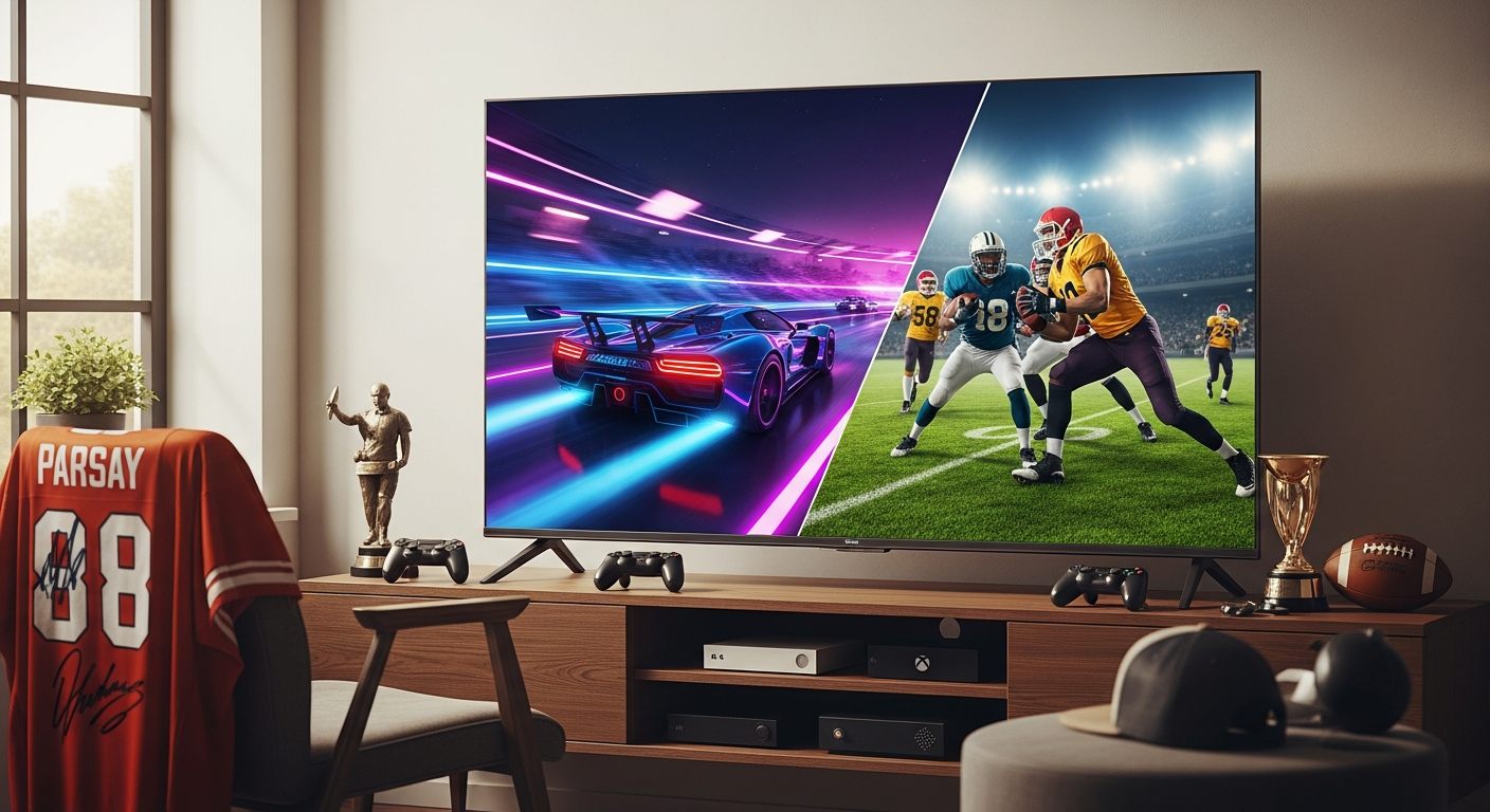 High-resolution 4K smart TV displaying gaming and sports content with vibrant colors