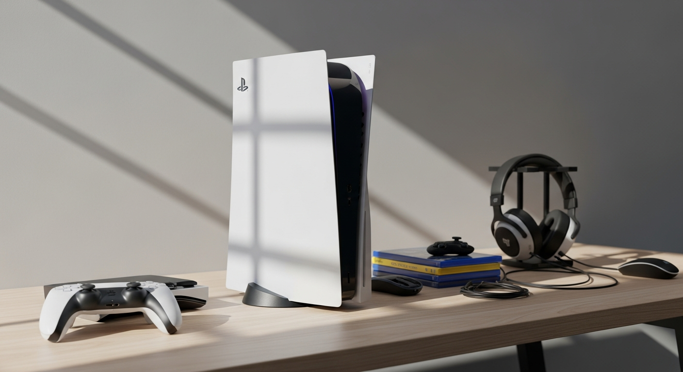 Sony PlayStation 5 Slim Digital Console displayed in modern entertainment center setup