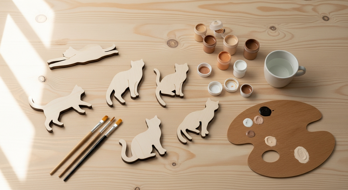 Unfinished wooden cat figure craft blank ready for painting and decoration projects