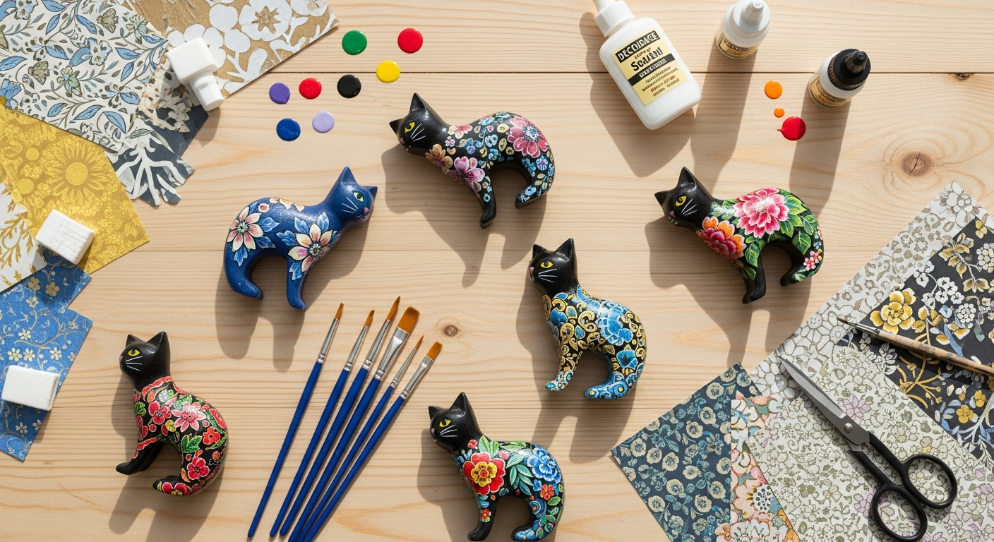 Wooden cheeky cats figure with pre-painted faces and routed design details