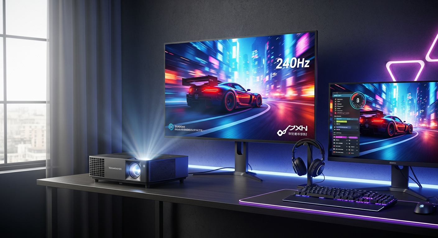 Valerion VisionMaster Max 4K laser projector displaying competitive gaming on large screen