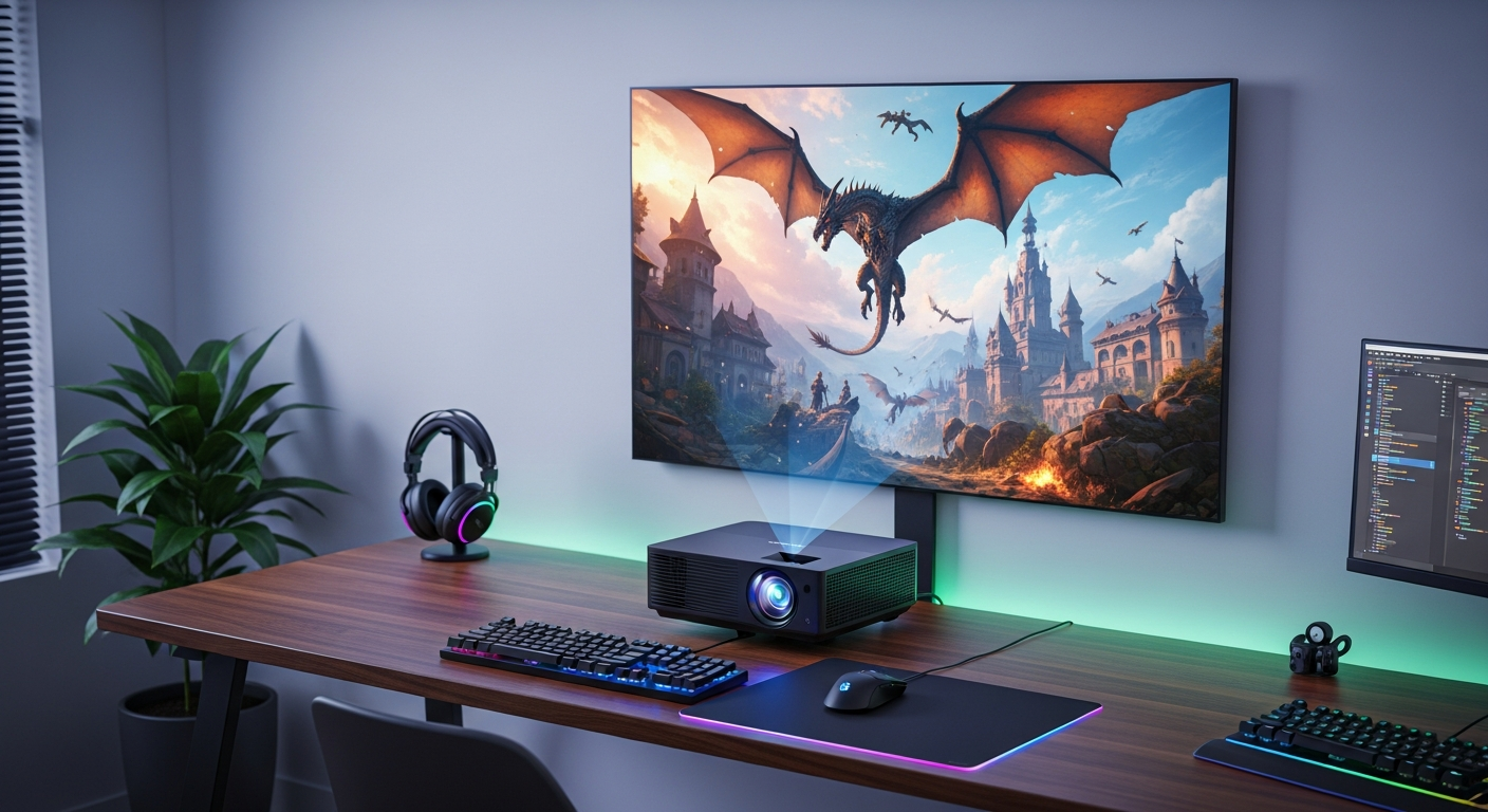 Valerion VisionMaster Pro2 4K laser projector displaying competitive gaming at 240Hz with cinematic visuals