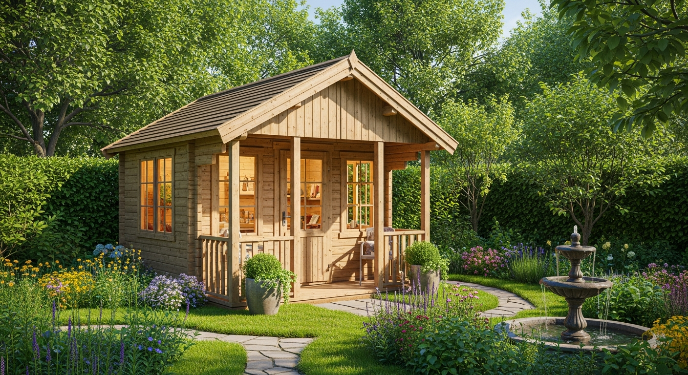 Orlando wooden log cabin garden house with Nordic spruce construction and integrated canopy system