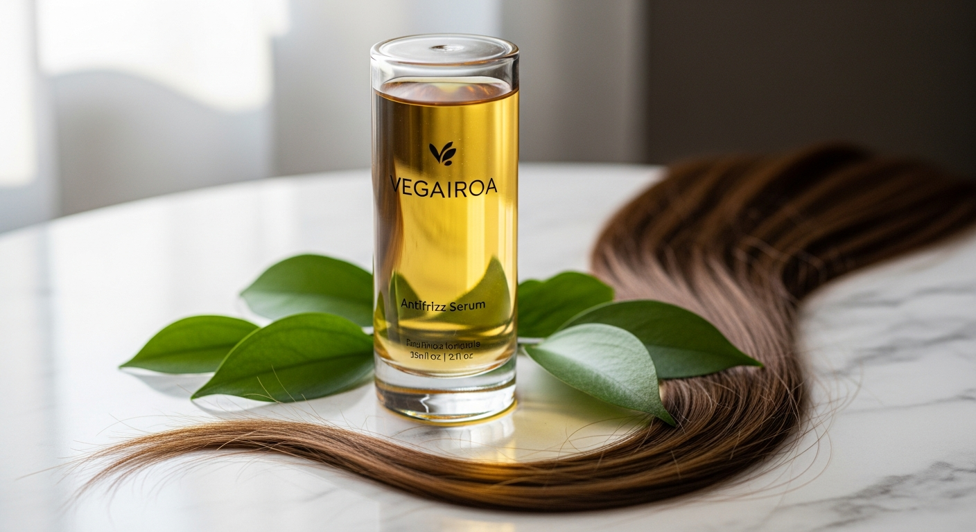 Vegairoa Antifrizz Serum bottle displayed with shiny, frizz-free hair strands