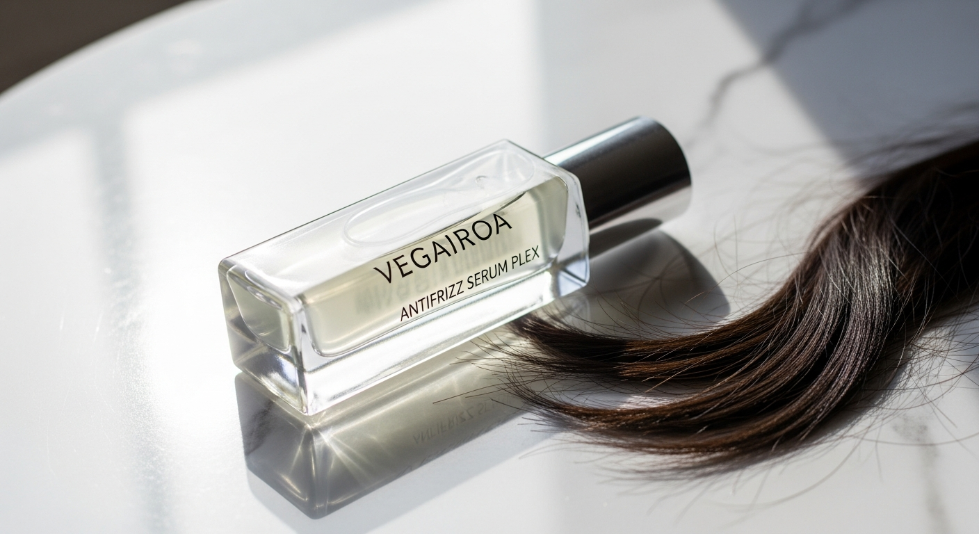 Vegairoa Antifrizz Serum Plex bottle with natural ingredients and shiny healthy hair