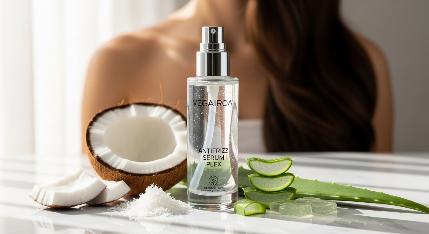 Vegairoa Antifrizz Serum Plex bottle with plant-based ingredients displayed