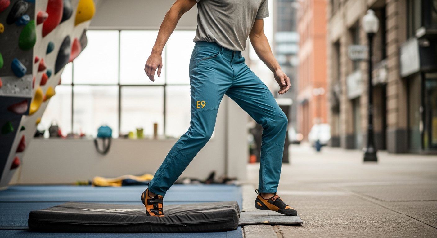 E9 Rondo climbing pants displayed on climber at indoor gym wall