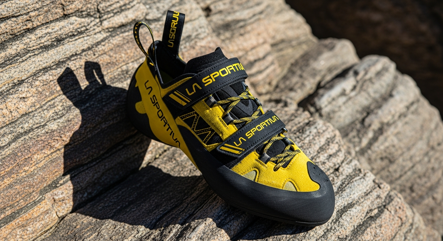 La Sportiva Solution climbing shoe displayed on rocky terrain showing aggressive downturned design