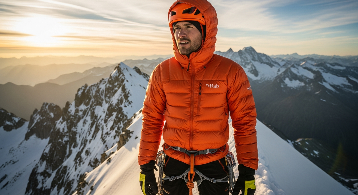 Rab Mythic Ultra Down Jacket displayed on mountaineer in extreme alpine conditions
