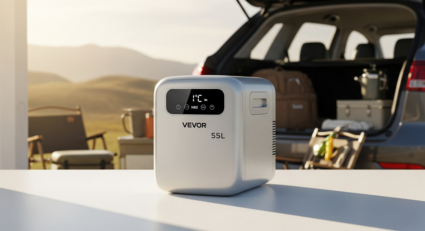 Vevor 55L portable compressor car refrigerator freezer with dual-power capability displayed outdoors