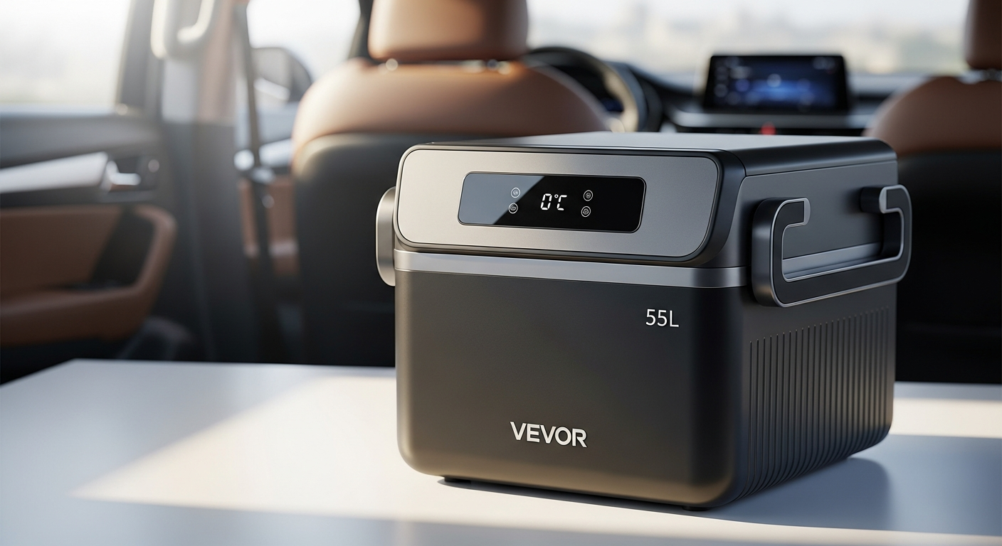 VEVOR 55L portable car refrigerator freezer in vehicle with dual power cables and Bluetooth app display