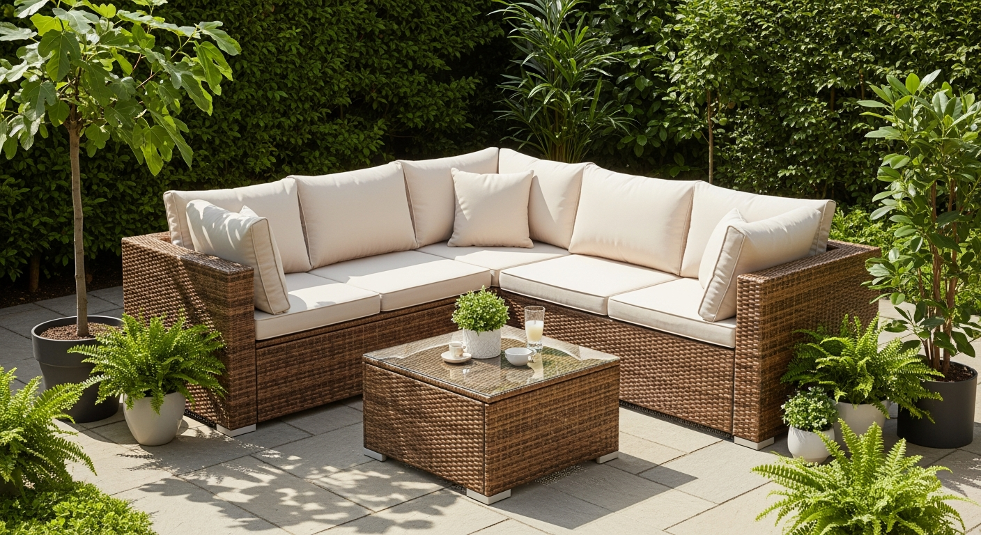 VidaXL poly rattan garden loungeset with grey cushions on a modern patio