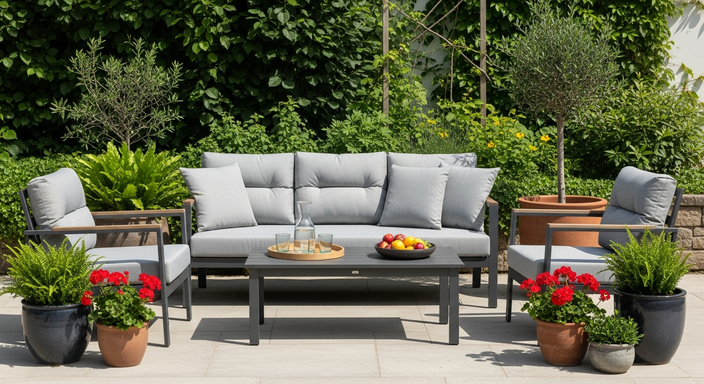 Grey modular poly rattan garden lounge set arranged on patio with cushions