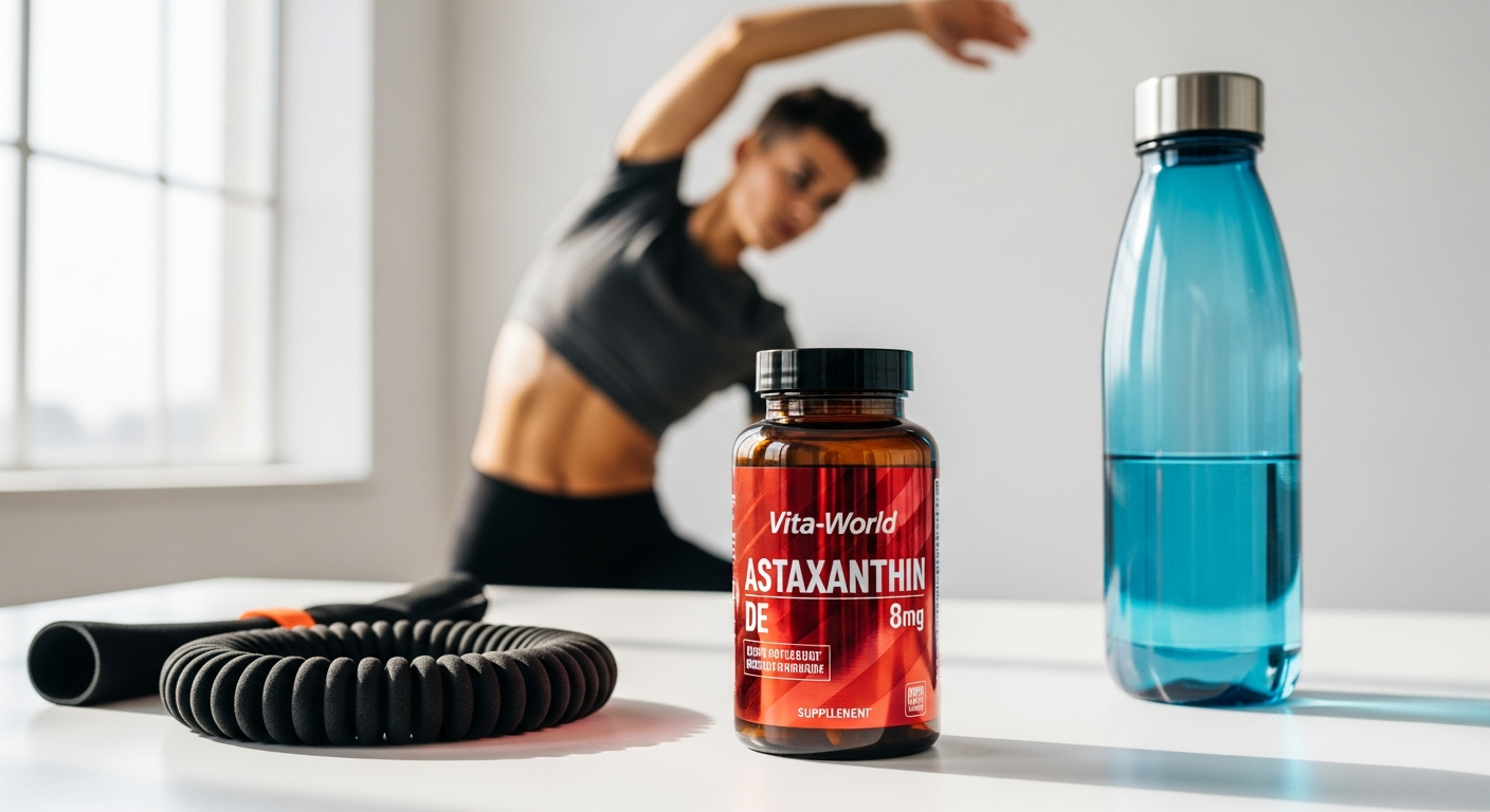 Vita-World Astaxanthin 8mg capsules in a bottle with athletic recovery supplement label