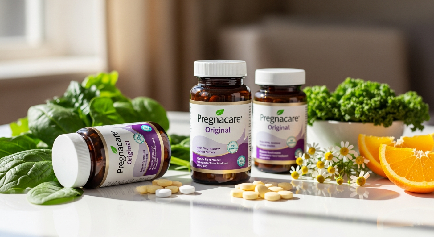 Pregnacare Original pregnancy multivitamin bottle with 19-nutrient formula displayed
