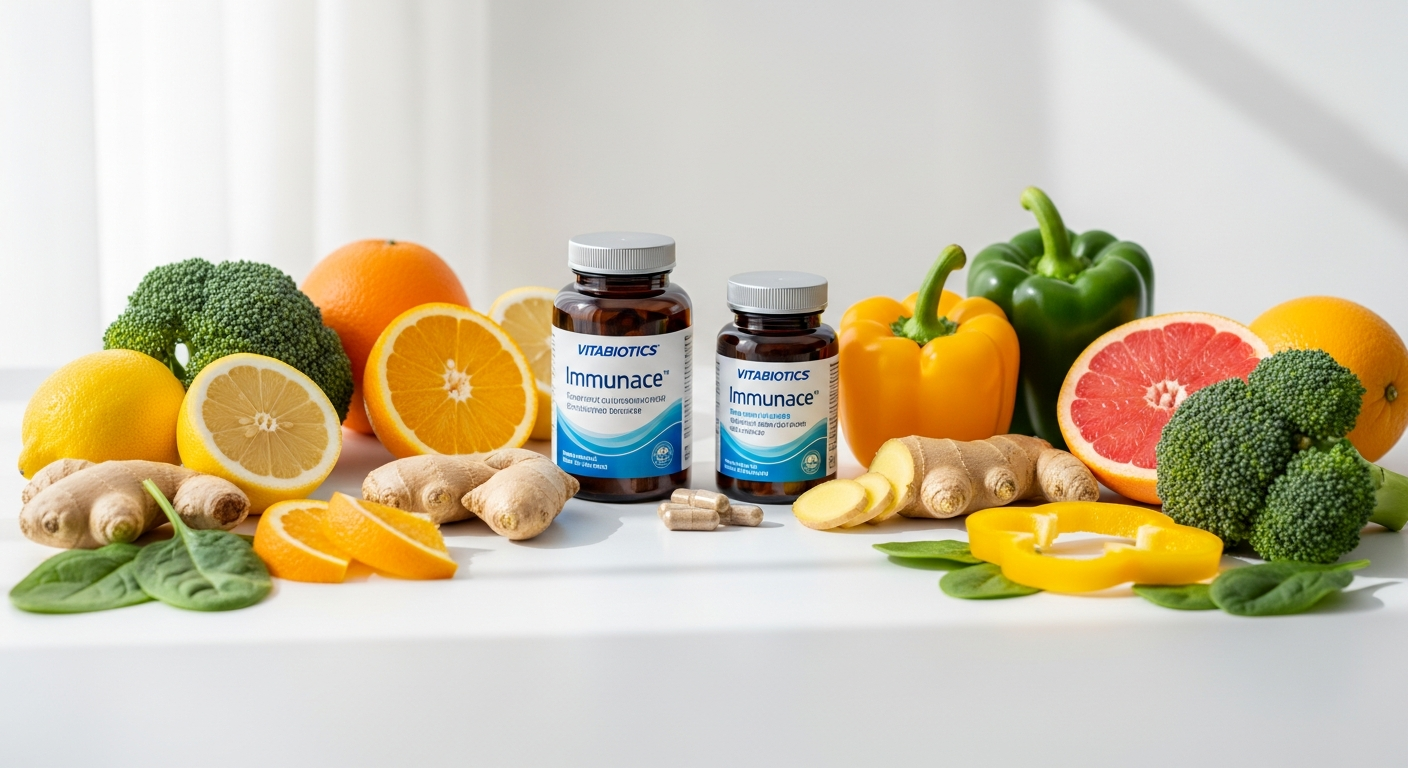 Vitabiotics Immunace Extra Protection supplement bottle with immune-supporting nutrients displayed