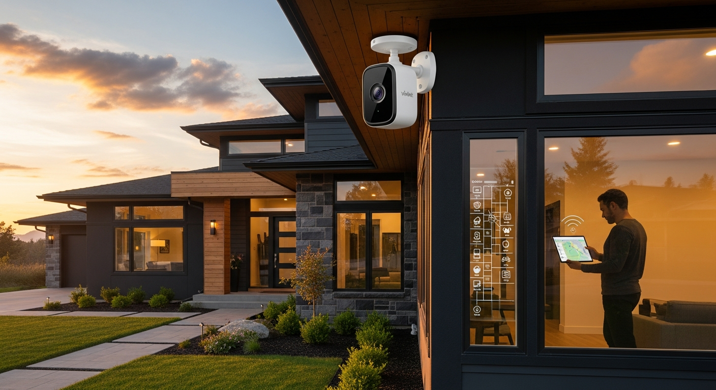 Vivint Outdoor Camera Pro mounted on home exterior with night vision and deterrence features