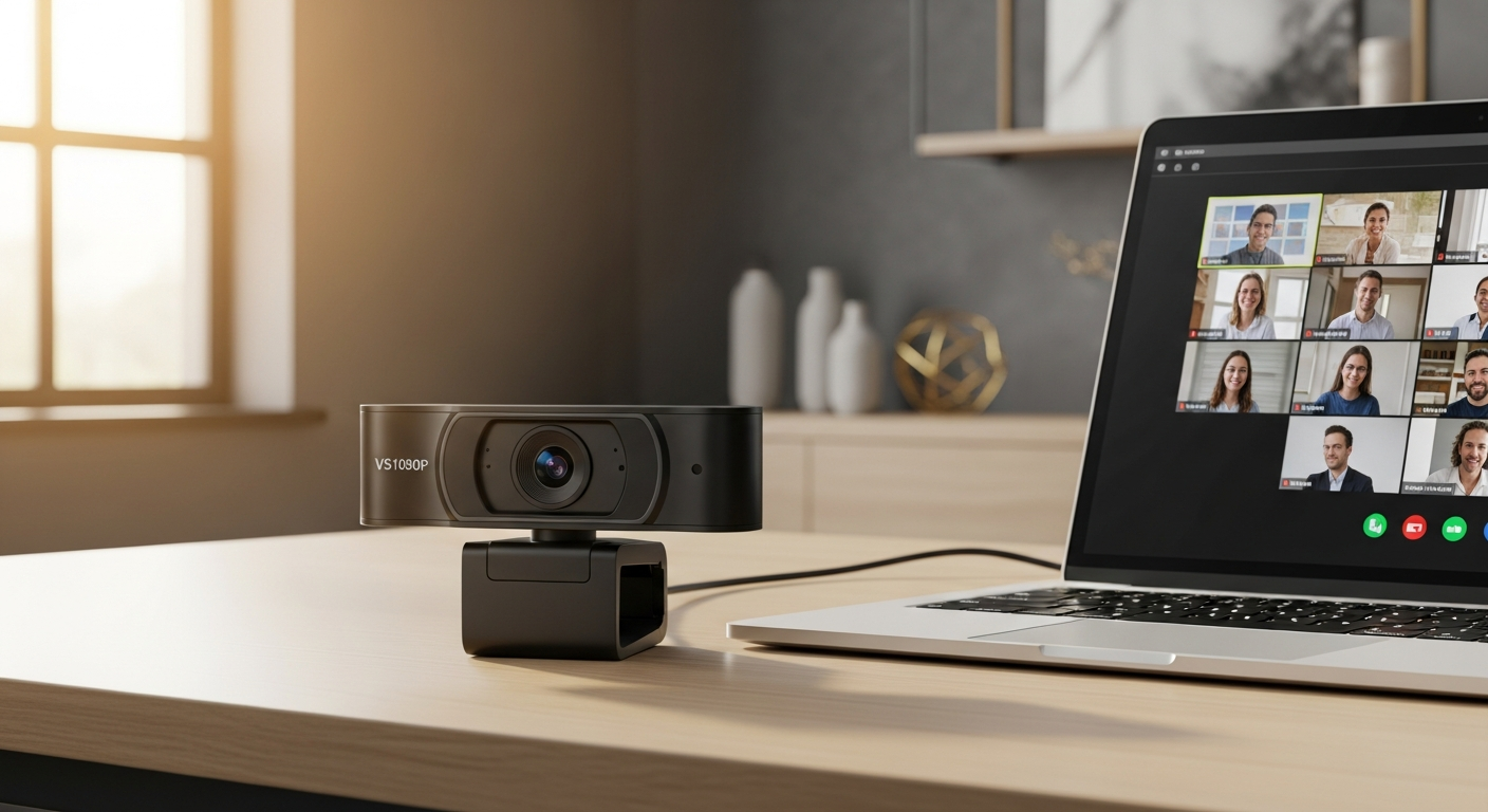 VS1080P Full HD webcam with built-in microphone and tripod mount for remote teams