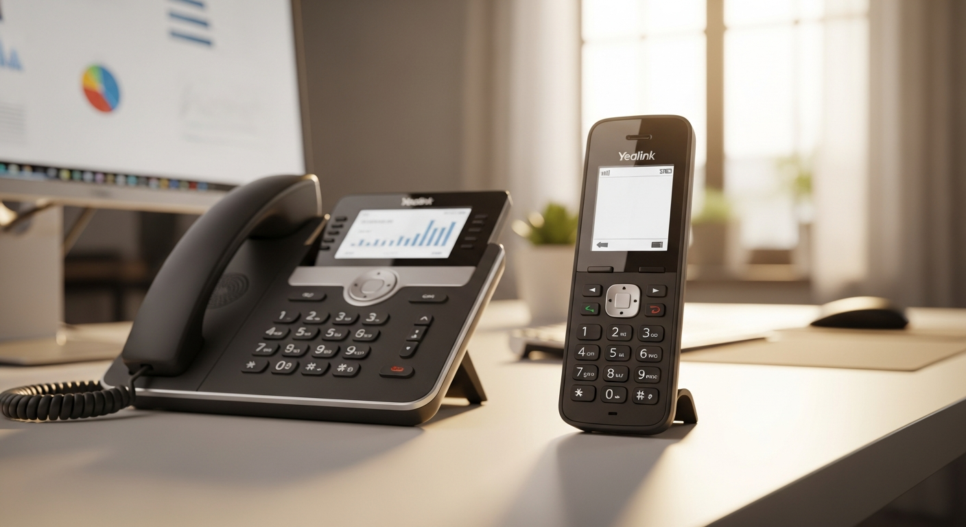 Yealink W56H DECT cordless handset displayed with charging cradle and base station